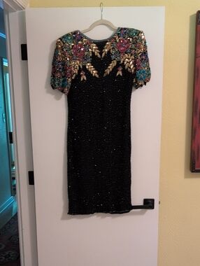 Black Embellished Mini Dress with Multicolor Floral Shoulders